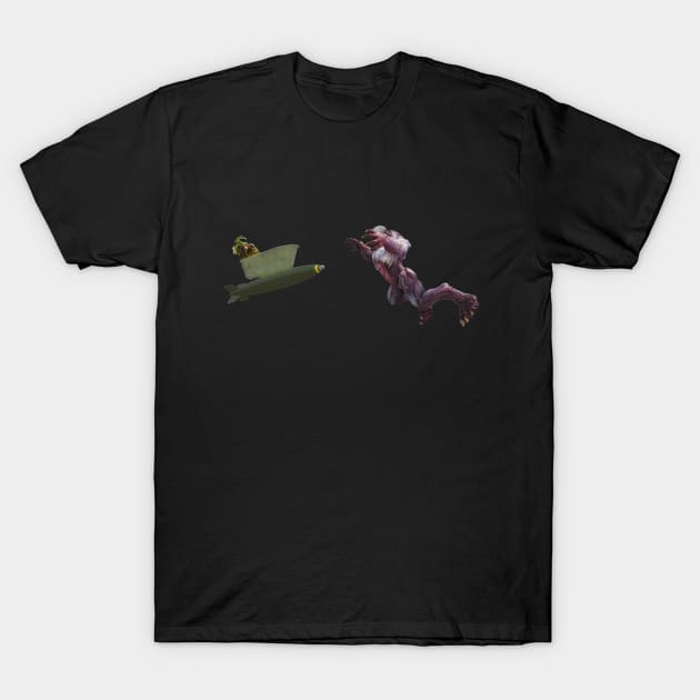 Doom Slayer In Rocket-Tub VS Hell Knight T-Shirt by ObscureMerchandise